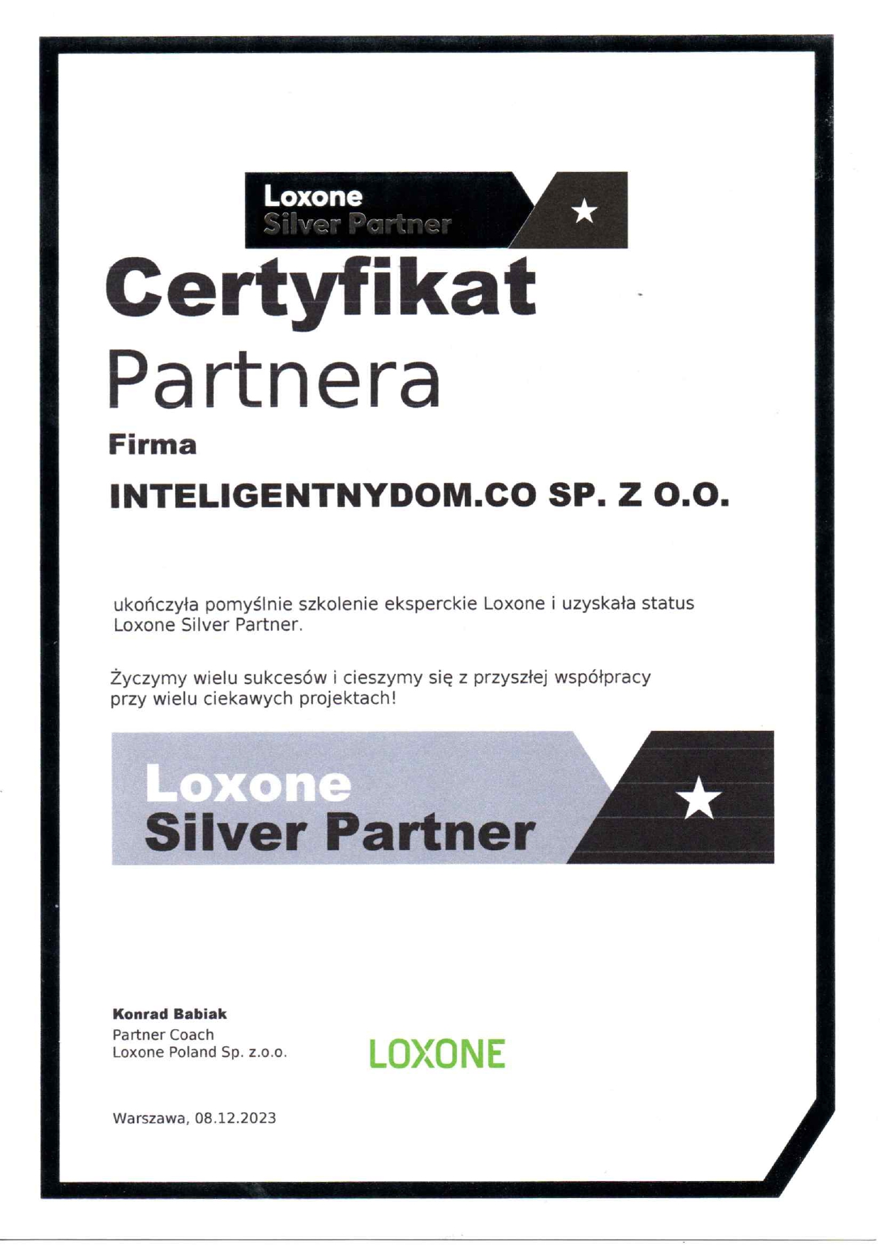 LOXONE Certyfikat Inteligentny Dom